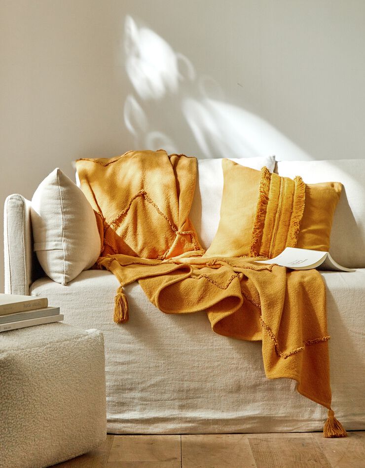 Plaid en coton tufté finition pompons (ocre)
