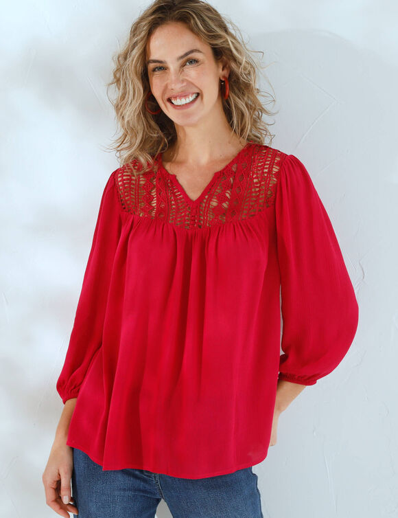 Blouse macramé manches 3/4 (framboise)