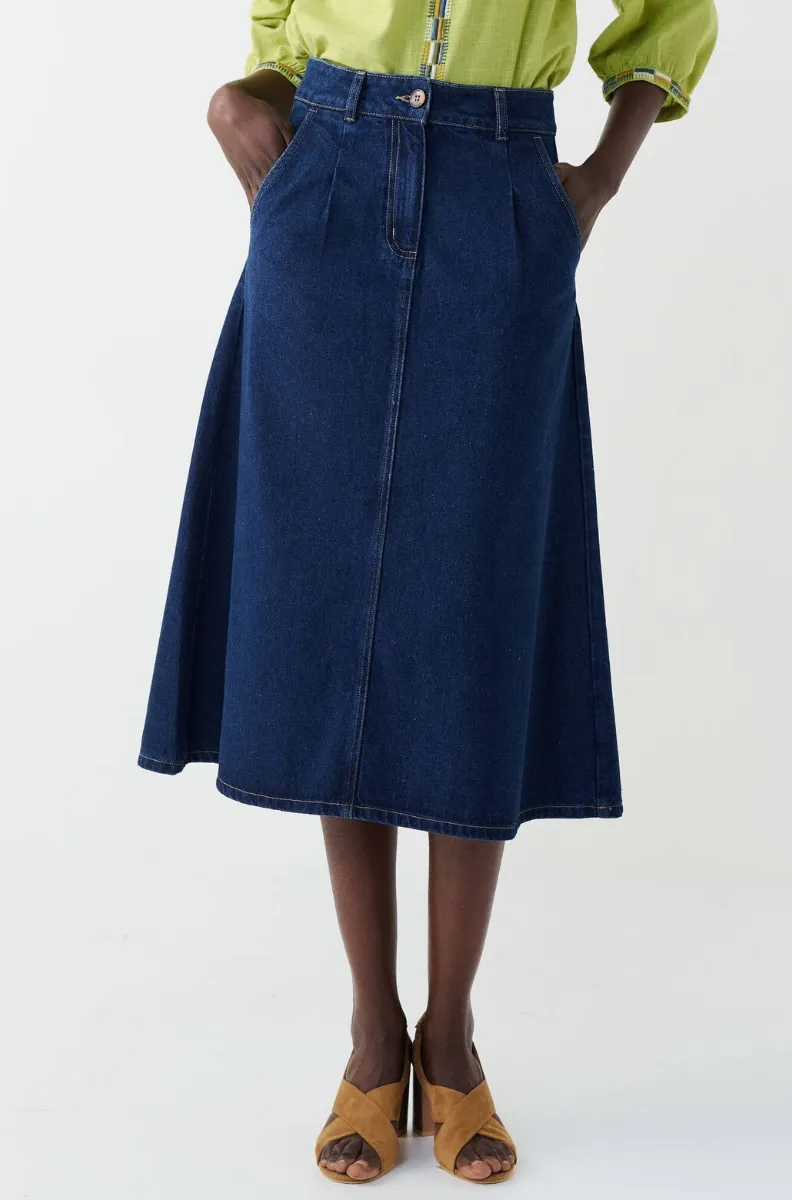Jupe longue évasée en jean stone, denim coton, coupe trapèze - Blog Blancheporte