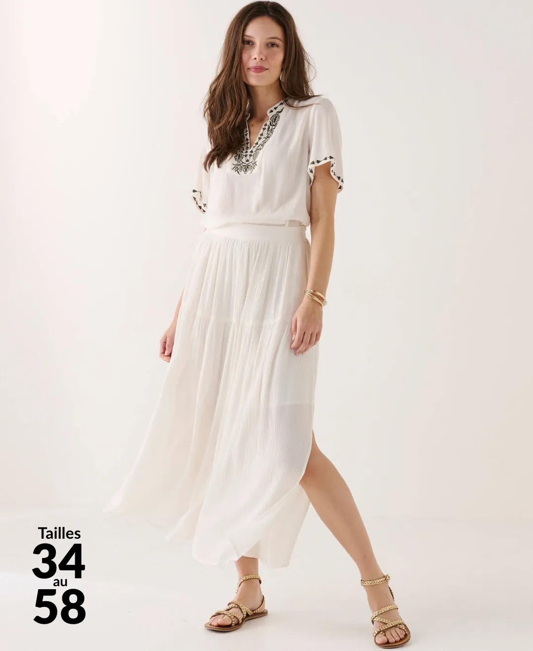Jupon long uni écru, fente côté, crépon viscose doublé coton - Blog Blancheporte