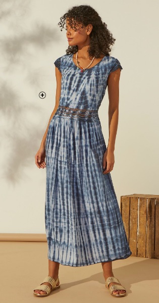 Robe longue femme bleu tie and dye col rond pas cher - Blancheporte