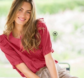Blouse femme rouge coton boutonnée à volants col tunisien pas cher - Blancheporte