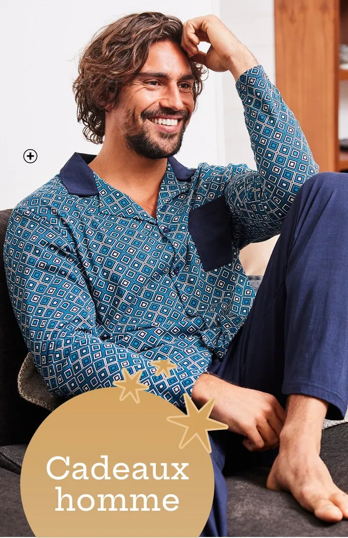 Pyjama homme en jersey à col chemise boutonné bleu marine pas cher | Blancheporte