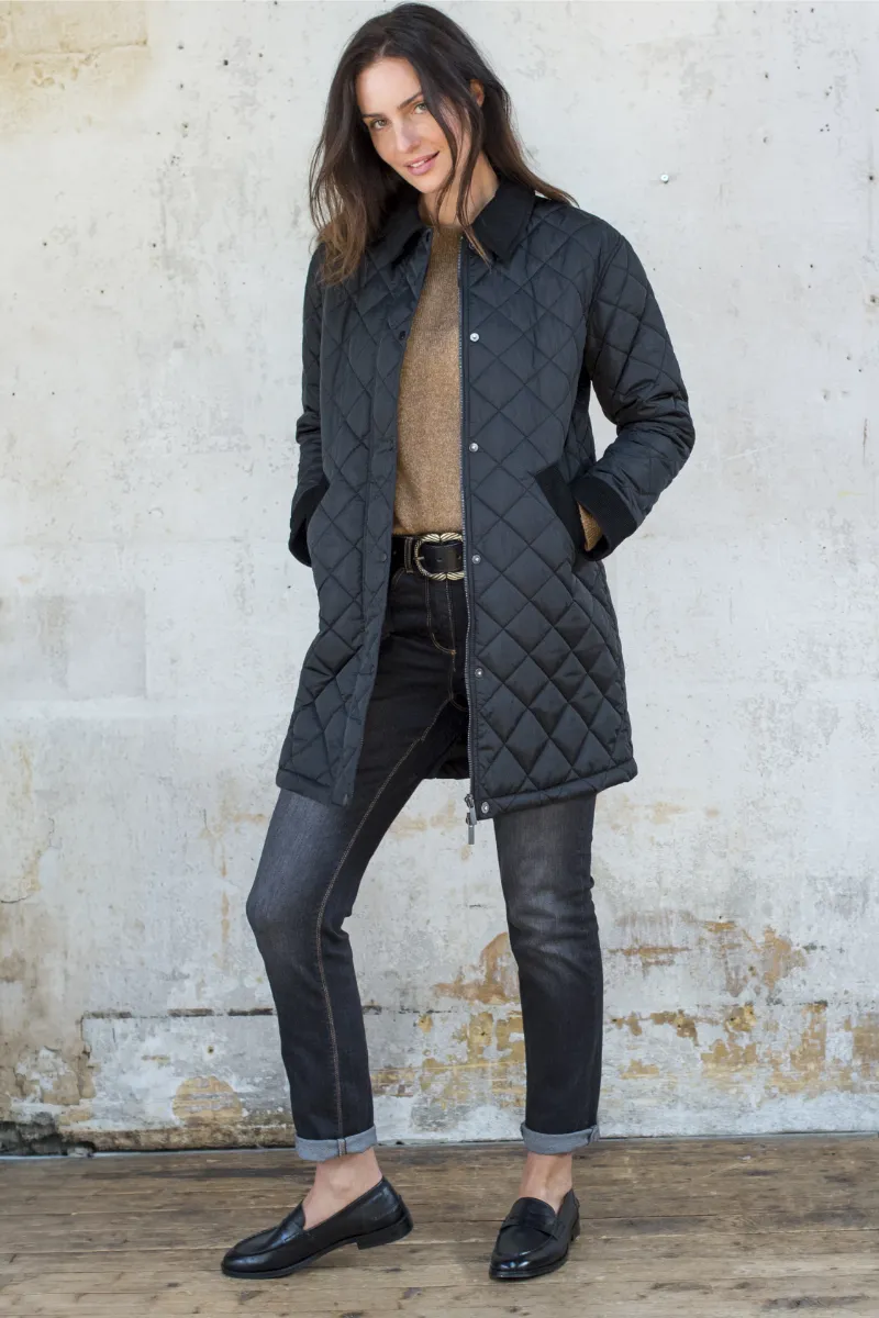 Veste longue noire matelassée, détails velours - Blog Blancheporte