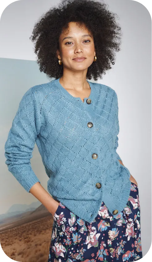 Gilet boutonné en maille ajourée, coloris pastel ou neutre idéal pour l’automne hiver 2025 | Blancheporte