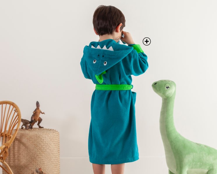 Peignoir de bain vert à capuche enfant personnalisable 100% coton motif dinosaure pas cher | Blancheporte