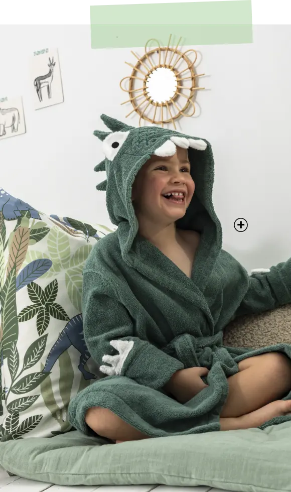 Peignoir de bain dinosaure pour enfant en coton vert pas cher | Blancheporte 