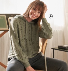 Pull femme vert kaki à capuche maille ajourée sportswear manches longues pas cher - Blancheporte
