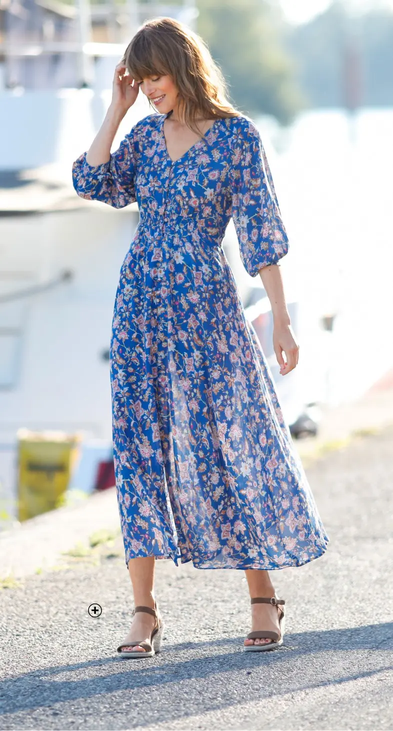 Robe longue femme boutonée bleu à porter avec des escarpins | Blancheporte