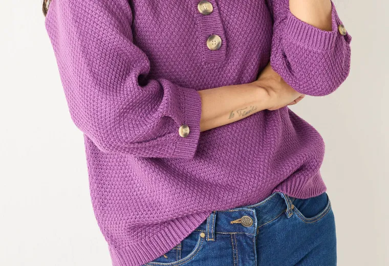 Pull col tunisien violet, manches 3/4, maille fantaisie - Blog Blancheporte