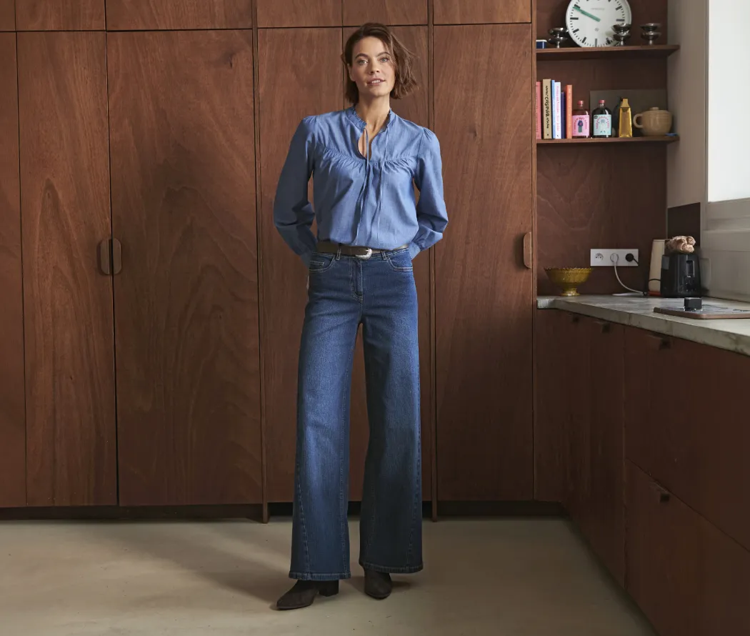 Blouse aspect jean manches longues en chambray, coupe fluide, coloris bleu - Blog Blancheporte
