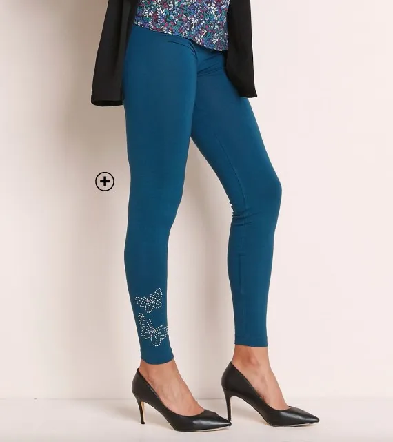 Legging femme à motif papillons effet strass taille élastiquée bleu pas cher | Blancheporte