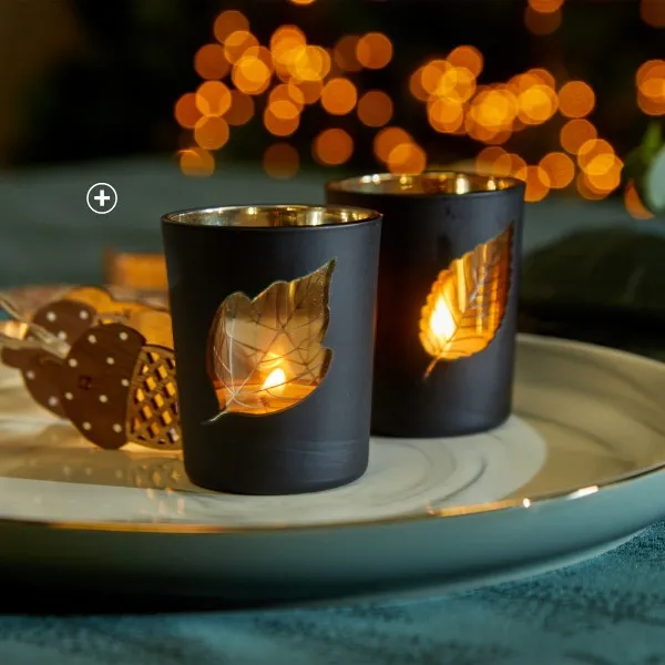 Lot de 2 photophores en verre noir et or pas cher | Blancheporte