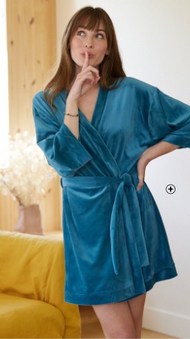 Peignoir kimono femme vert foncé court velours ceinturé pas cher - Blancheporte