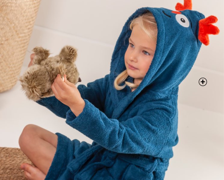 Peignoir de bain bleu paon à capuche enfant 100% coton motif chouette pas cher | Blancheporte