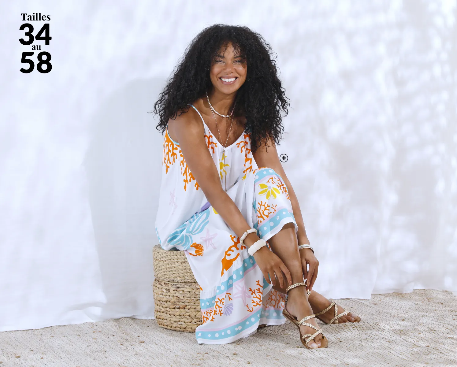 Robe longue volantée à fines bretelles, imprimé XXL flatteur pour sublimer la silhouette des femmes rondes – quelle robe porter quand on est une femme ronde | Blancheporte