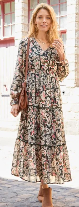 Robe col v évasée en gaze de coton Robe femme col v évasée en gaze de coton muscade pas cher | Blancheporte