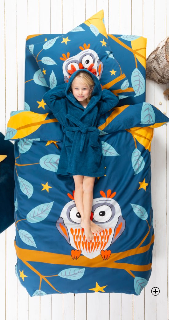 Linge de lit bleu Colombine® enfants 100% coton imprimé hibou pas cher | Blancheporte