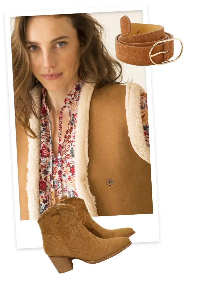 Veste fourrée sans manches en suédine beige, idéale pour compléter un look avec jean | Blancheporte