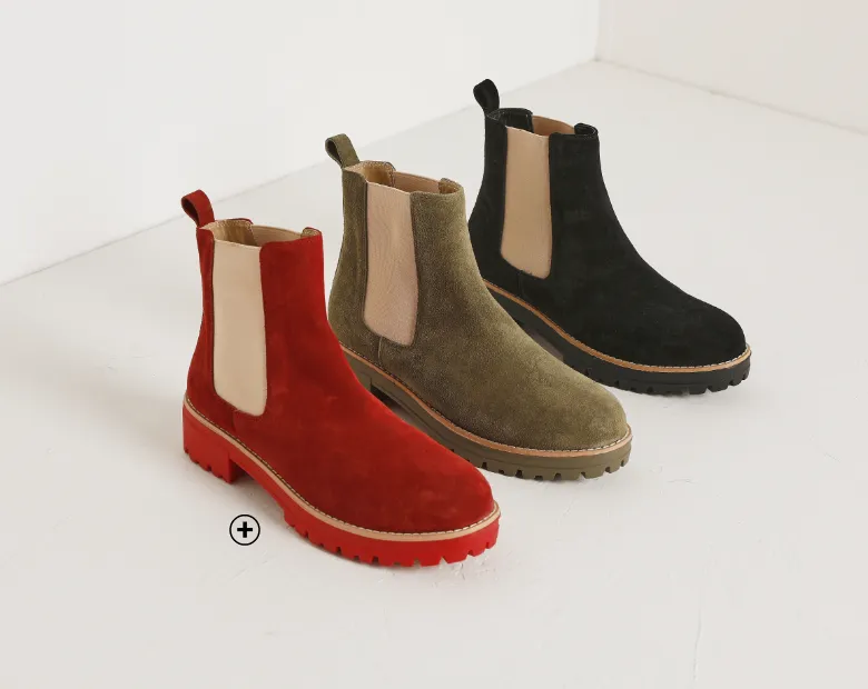 Boots Chelsea en croûte de cuir avec semelle crantée épaisse – chaussures tendance et confortables, parfaites pour accompagner une robe pull ou une robe courte en maille