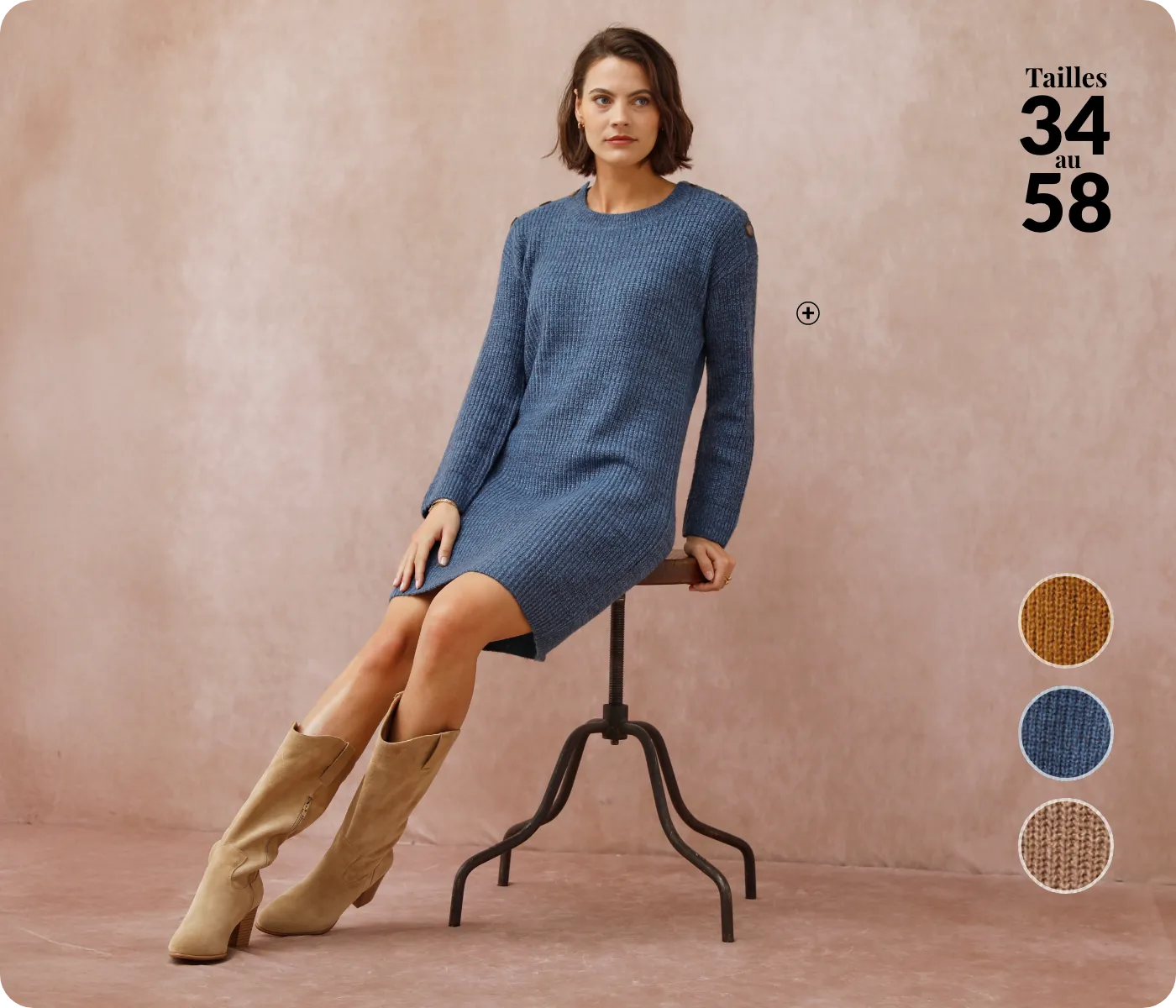 Robe pull chinée manches longues avec épaule boutonnée – une robe confortable et élégante, parfaite à 50 ans pour un style moderne et raffiné en hiver