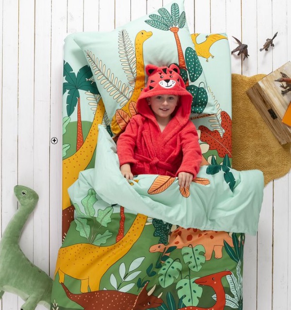 Linge de lit enfant Jurassi en coton Linge de lit enfant Colombine des Petits® Jurassi imprimé dinosaure en coton Oeko-Tex® vert pas cher | Blancheporte