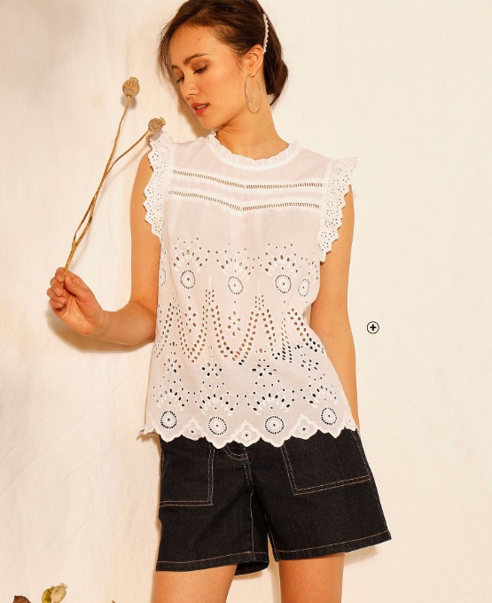Débardeur broderie anglaise Coeur au Sud® Débardeur femme blanc broderie anglaise col rond à volants Coeur au Sud® pas cher - Blancheporte