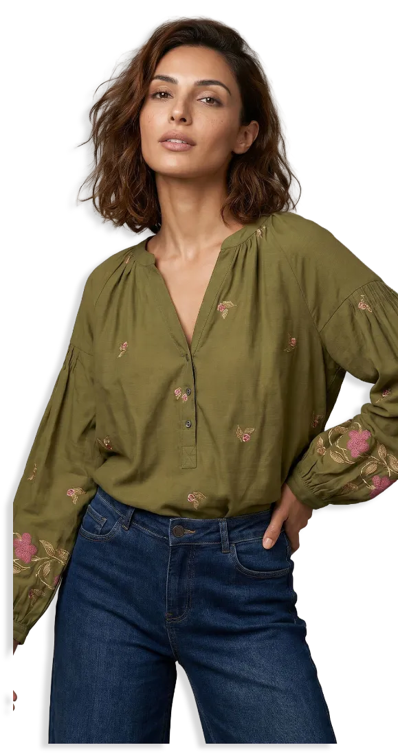 Blouse flanelle kaki, manches 7/8, imprimé effet broderie - Blog Blancheporte