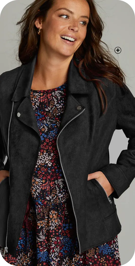 Blouson zippé noir col tailleur en suédine, moderne et structuré avec une robe longue | Blancheporte