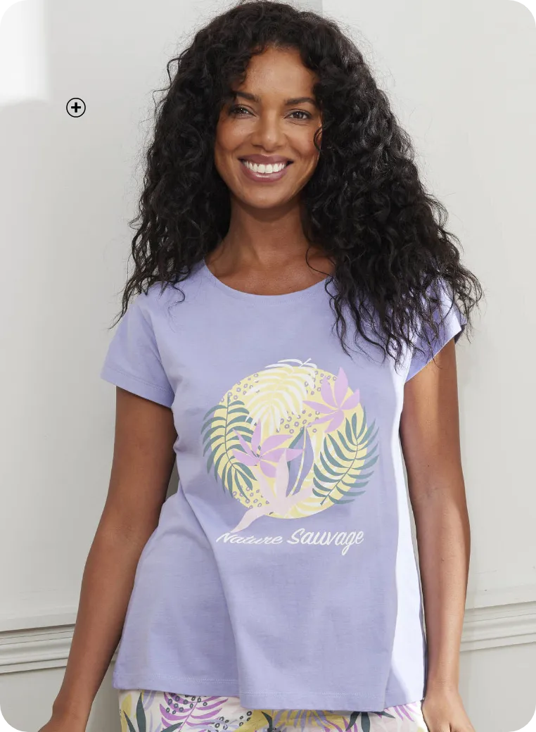 T-shirt manches courtes motif Nature Sauvage, haut pratique pour associer confort et style — comment choisir sa taille de pyjama pour femme ? | Blancheporte
