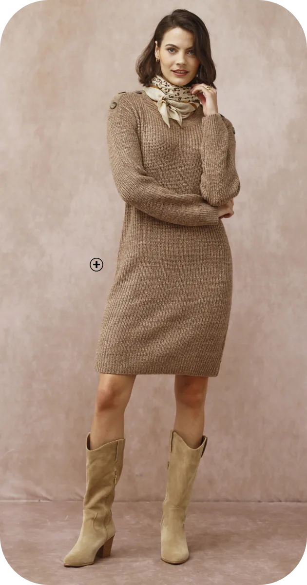 Robe pull chinée à manches longues et détails épaules boutonnés, style structuré qui affine – quel style de robe amincit | Blancheporte