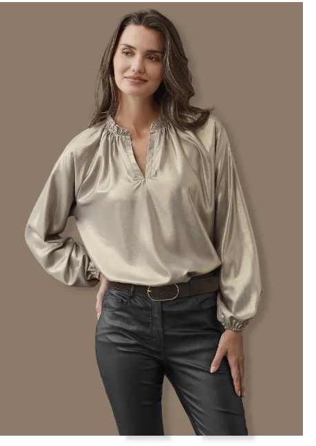 Blouse metallisée dorée, col volanté, manches longues - Blog Blancheporte