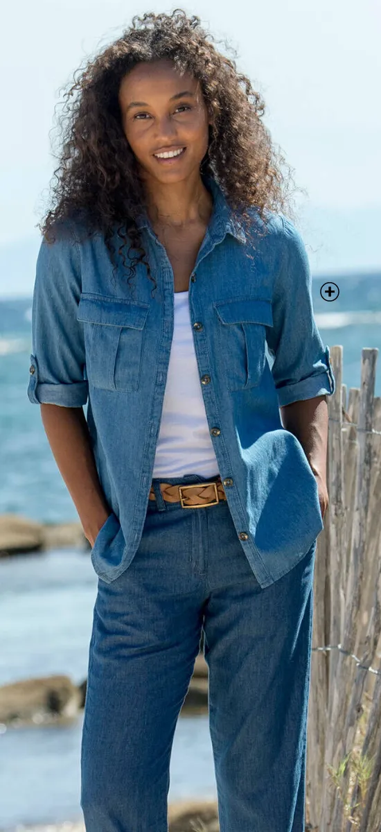 Chemisier jean léger, coton, manches retroussables, coupe droite, coloris denim clair - Blog Blancheporte