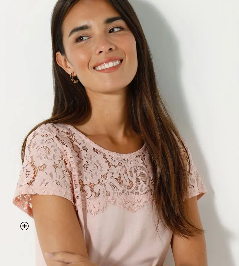 T-shirt dentelle col rond manches courtes | style tendance | Blancheporte