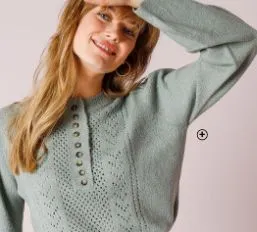 Pull ajouré femme à col tunisien boutonné vert pas cher | Blancheporte