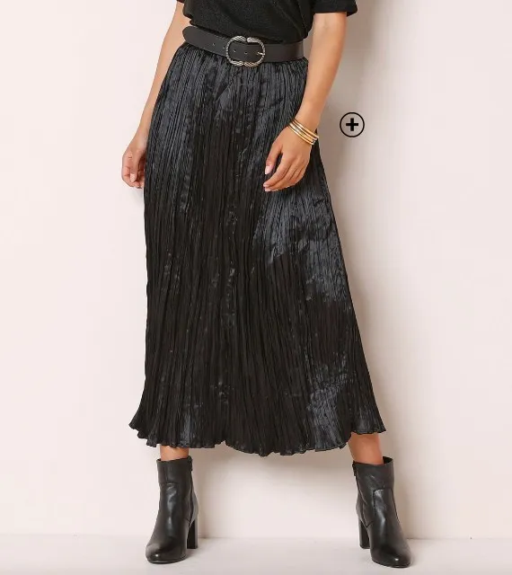Jupe femme plissée unie en satin noir pas cher | Blancheporte