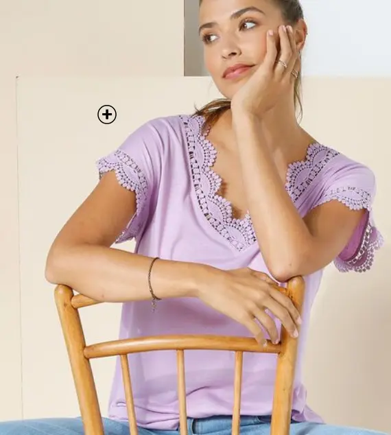 T-shirt uni col V macramé | look tendance | Blancheporte