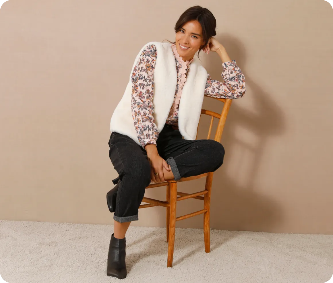 Veste sans manches en fausse fourrure femme, idéale pour réchauffer une chemise d’hiver et créer une silhouette chic et cosy – Blog Blancheporte