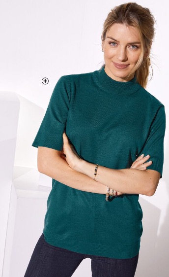 Pull femme col montant manches courtes toucher cachemire vert foncé pas cher | Blancheporte