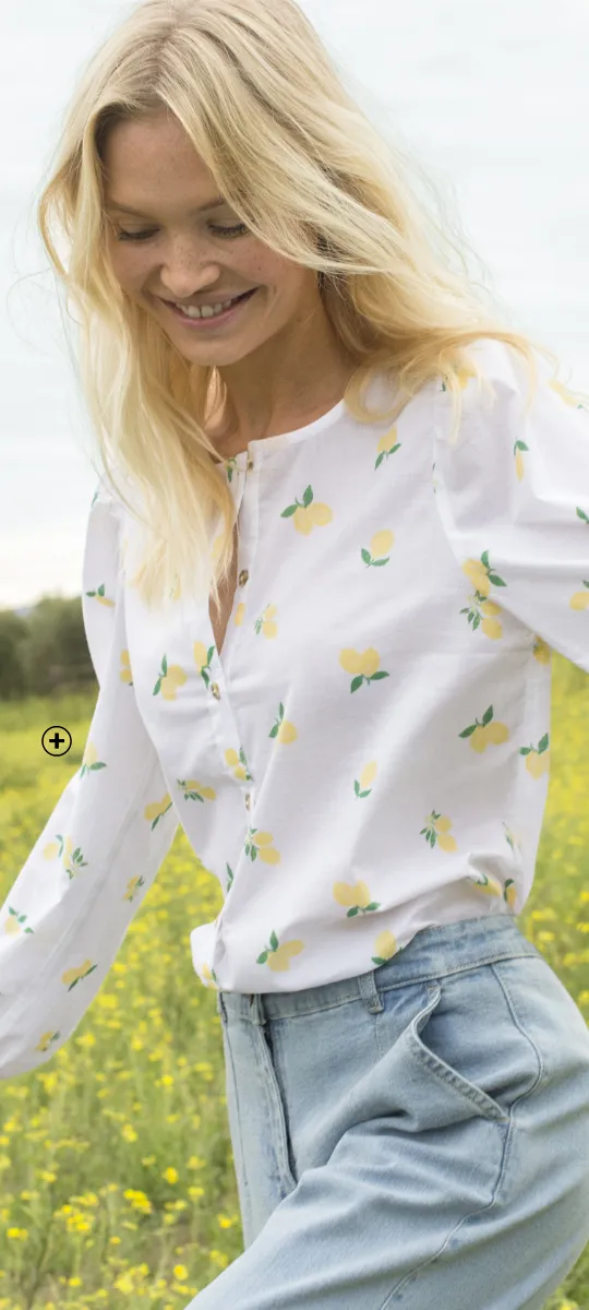 Chemisier col rond imprimé citrons, manches longues blousantes, coton, coloris blanc citronné - Blog Blancheporte