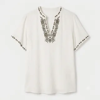 Blouse crépon brodée manches courtes, col V, écru/kaki - Blog Blancheporte