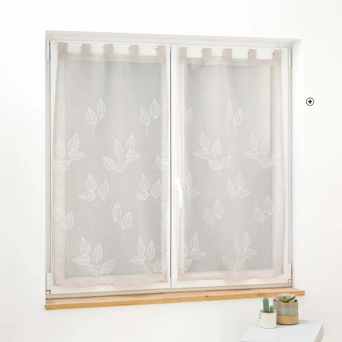 Vitrage voile brodé petites feuilles, finition pattes, polyester, coloris taupe - Blog Blancheporte