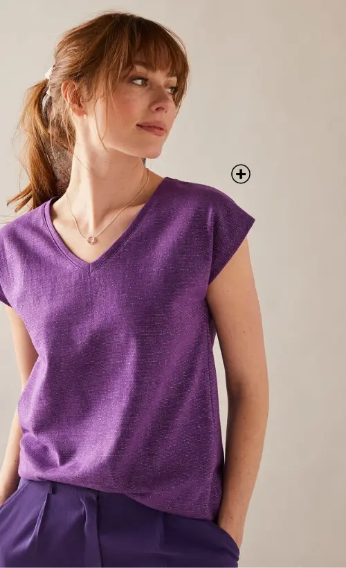 T-shirt col V maille fantaisie brillante | tendance en t-shirt | Blancheporte
