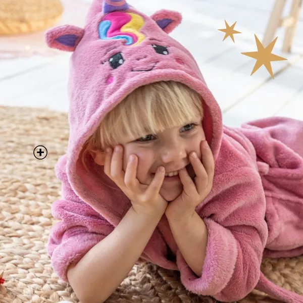 Peignoir de bain enfant forme licorne à capuche microfibre rose pas cher | Blancheporte