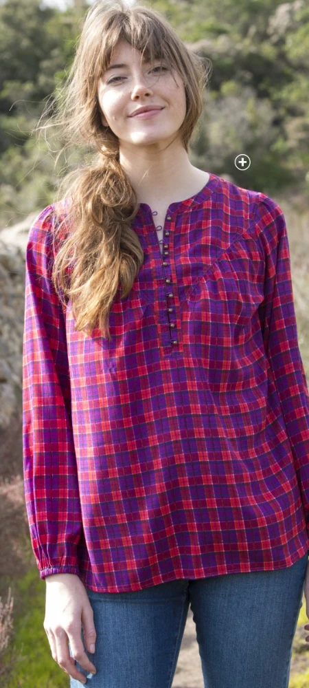 Blouse imprimé carreaux manches amples élastiquées rouge violet pas cher | Blancheporte