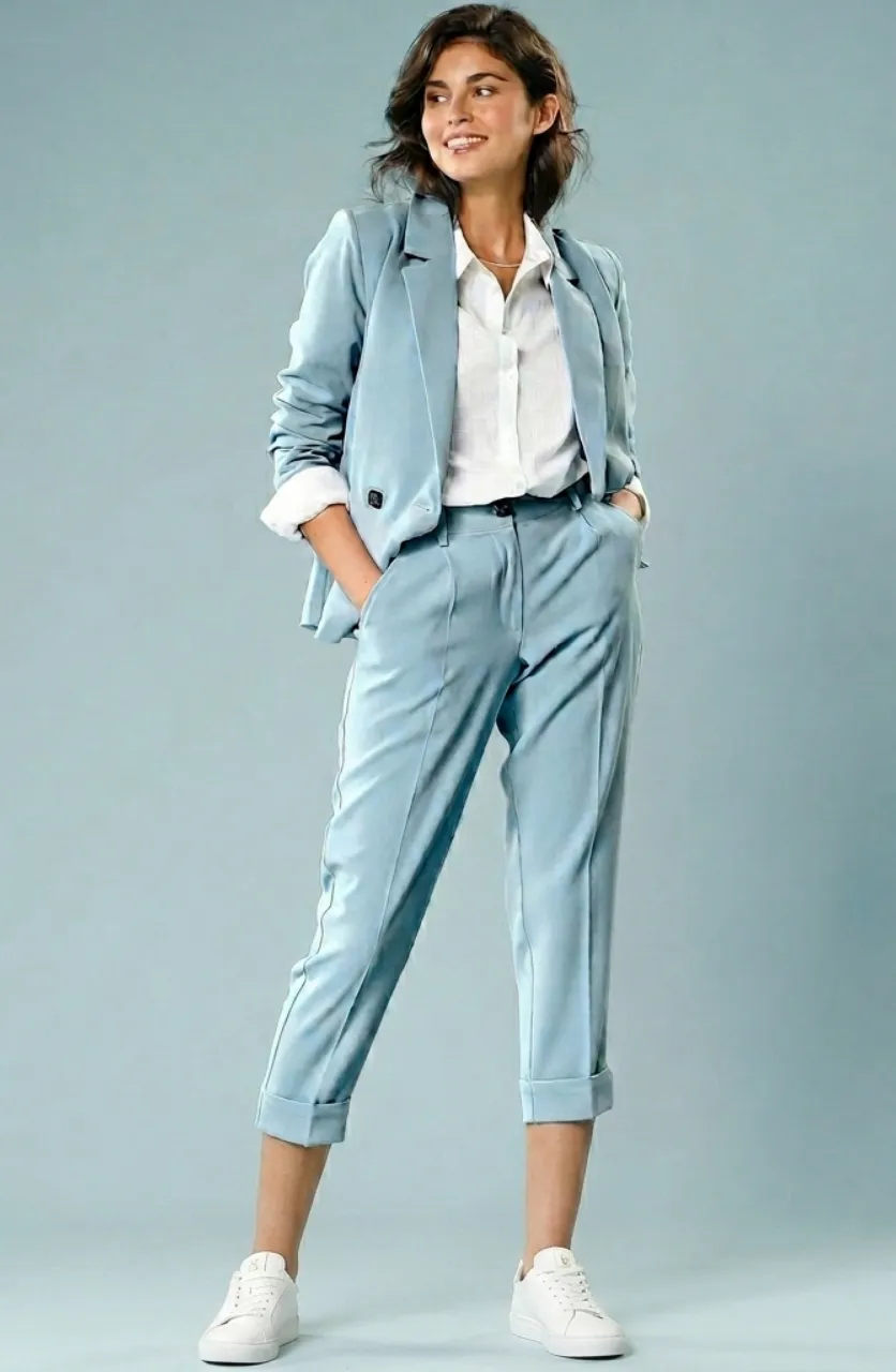 Pantalon femme 7/8ème fuselé spécial petites, toile coton stretch, taille élastiquée, coloris bleu ciel - Blog Blancheporte