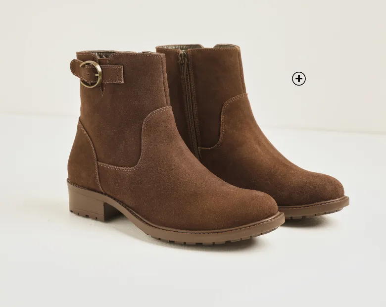 Boots en croûte de cuir style motardes – modèle rock et moderne, idéal avec une robe courte ou une robe trapèze pour un look affirmé