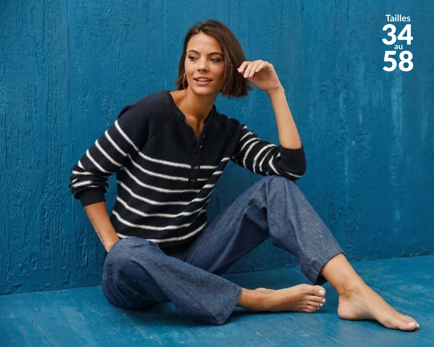 Pull rayé femme, coupe droite col tunisien boutonné en coton, coloris marine rayé écru - Blog Blancheporte