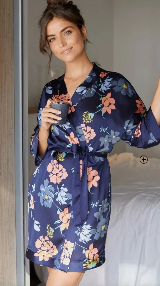 Kimono court femme en satin imprimé floral bleu pas cher | Blancheporte