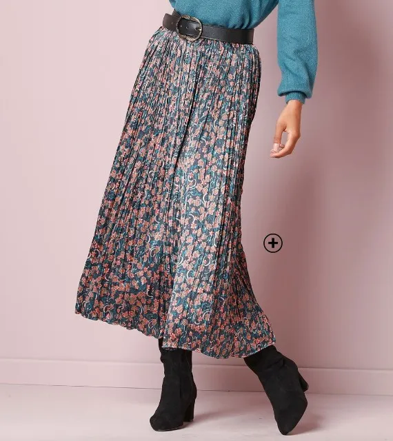 Jupe femme plissée imprimé satin noir et vert pas cher | Blancheporte